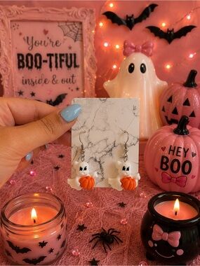 Cute Ghost Pumpkin Dangle Earrings - White & Orange